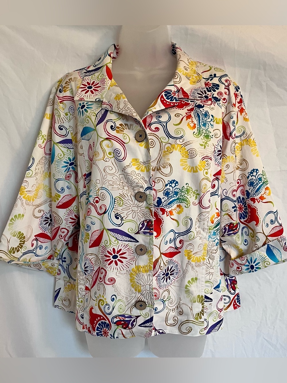 Norm Thompson Floral Paisley Jacket XL White Multi Color Cotton Boho Art To Wear